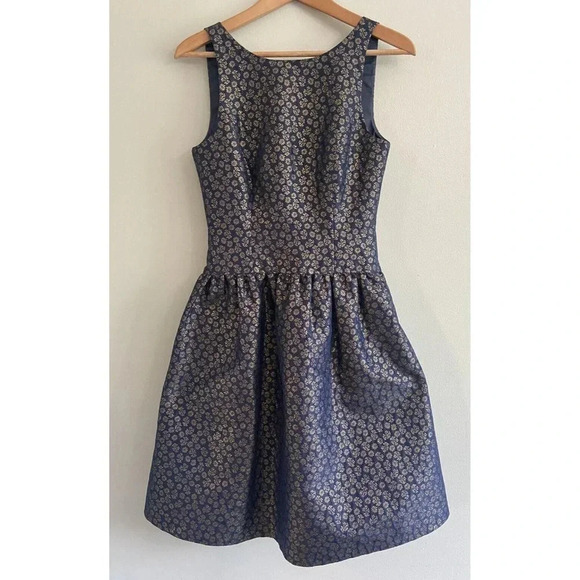 NWT J.Crew Collection Dress Navy Blue Gold Fit Flare Size 2 New - Picture 1 of 5